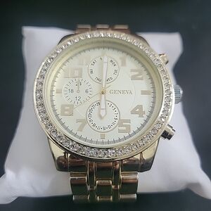 Geneva Gold-Tone Watch with Crystal Accents